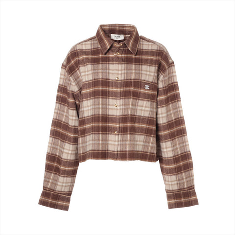 CELINE Cashmere flannel shirt with Triomphe embroidered logo Long sleeve shirt Brown WS16231