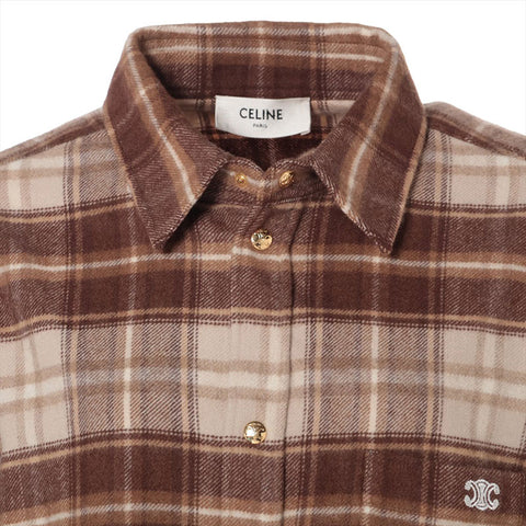 CELINE Cashmere flannel shirt with Triomphe embroidered logo Long sleeve shirt Brown WS16231