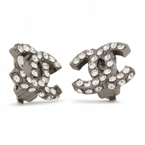 CHANEL 03A 2003 Rhinestone COCO Mark Earring Silver WS16307
