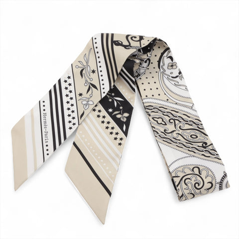 HERMES Festival Des Amaxones Silk Twilly scarf Black x beige WS16326