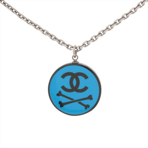 CHANEL 03P 2003 COCO Mark Blue Crossbone Necklace Silverx blue WS16357