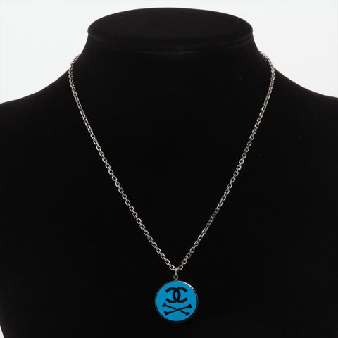 CHANEL 03P 2003 COCO Mark Blue Crossbone Necklace Silverx blue WS16357