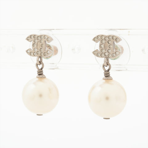 CHANEL COCO Mark Rhinestone Drop Pearl Pierce Silver WS16368