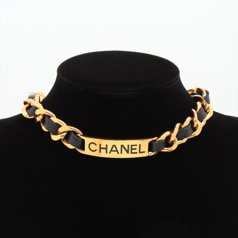 CHANEL 95P 1995 Logo Chain Leather Necklace gold WS16382