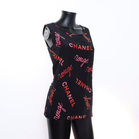 Chanel Taille sans manches de motif en soie: 36 chemise à manches courtes noire WS1644