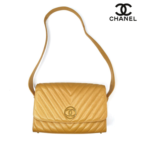Chanel Caviar Skin Chevron 1995-1996 Umhängetasche Leder beige WS1766