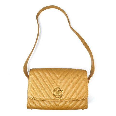 Chanel Caviar Skin Chevron 1995-1996 Umhängetasche Leder beige WS1766