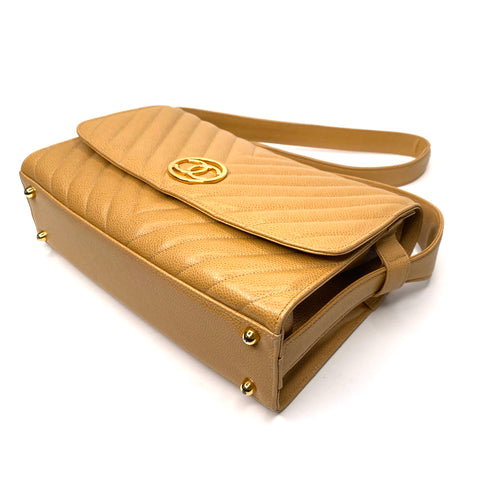 Chanel Caviar Skin Chevron 1995-1996 Umhängetasche Leder beige WS1766