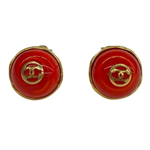 Chanel Coco Mark Colored Stone Round Earrings Orange WS1863