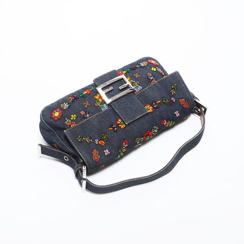 FENDI Flower Embroidery Denim Mamma Bucket Beads Shoulder Bag Navy WS20004
