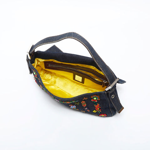 FENDI Flower Embroidery Denim Mamma Bucket Beads Shoulder Bag Navy WS20004