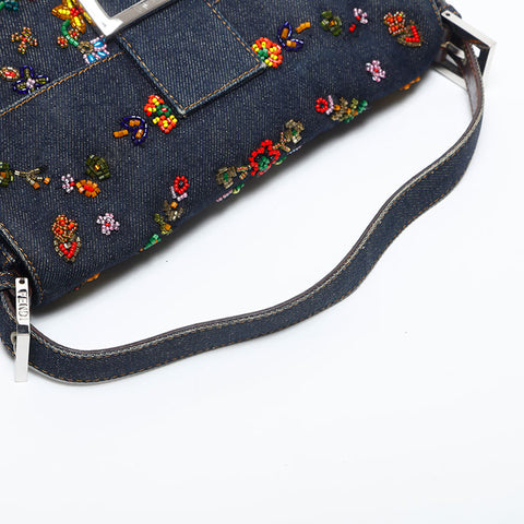 FENDI Flower Embroidery Denim Mamma Bucket Beads Shoulder Bag Navy WS20004