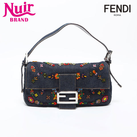 FENDI Flower Embroidery Denim Mamma Bucket Beads Shoulder Bag Navy WS20004