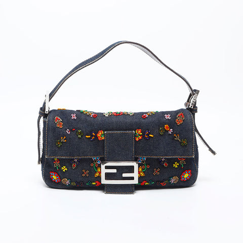 FENDI Flower Embroidery Denim Mamma Bucket Beads Shoulder Bag Navy WS20004