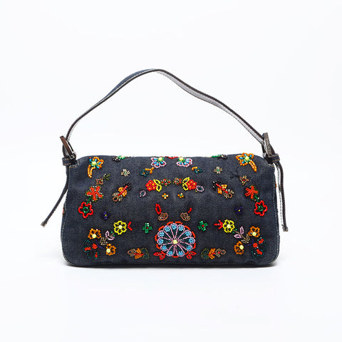 FENDI Flower Embroidery Denim Mamma Bucket Beads Shoulder Bag Navy WS20004