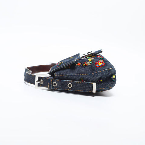 FENDI Flower Embroidery Denim Mamma Bucket Beads Shoulder Bag Navy WS20004