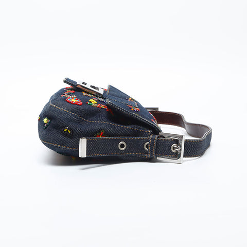 FENDI Flower Embroidery Denim Mamma Bucket Beads Shoulder Bag Navy WS20004