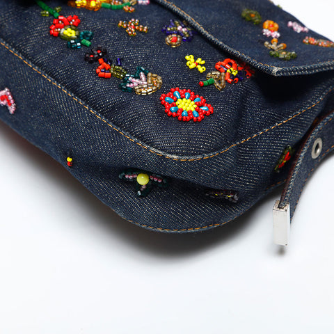 FENDI Flower Embroidery Denim Mamma Bucket Beads Shoulder Bag Navy WS20004
