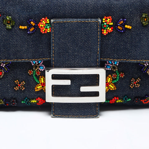 FENDI Flower Embroidery Denim Mamma Bucket Beads Shoulder Bag Navy WS20004