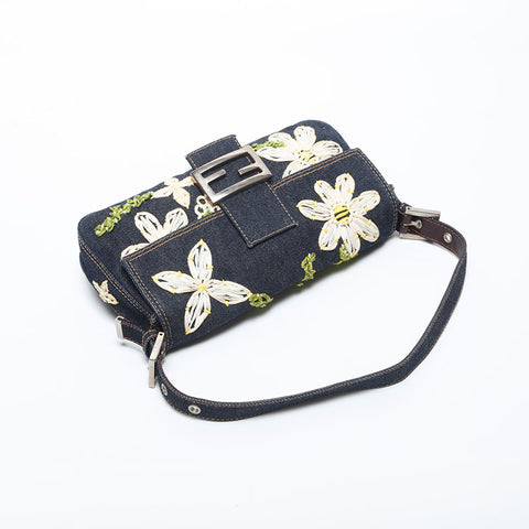 FENDI Flower Embroidery Denim Mamma Bucket Shoulder Bag Navy WS20006