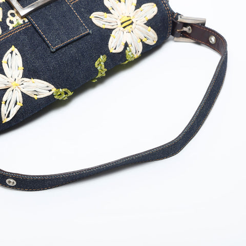 FENDI Flower Embroidery Denim Mamma Bucket Shoulder Bag Navy WS20006