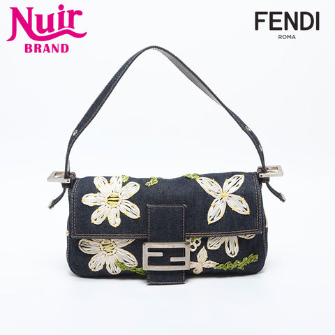 FENDI Flower Embroidery Denim Mamma Bucket Shoulder Bag Navy WS20006
