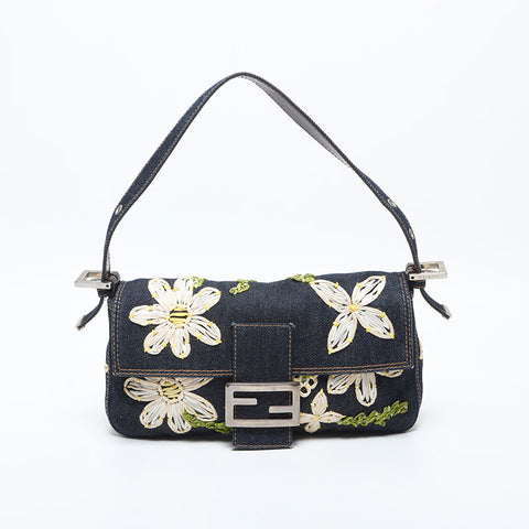 FENDI Flower Embroidery Denim Mamma Bucket Shoulder Bag Navy WS20006