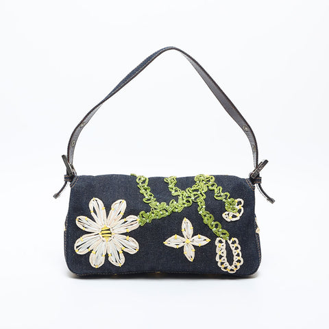 FENDI Flower Embroidery Denim Mamma Bucket Shoulder Bag Navy WS20006