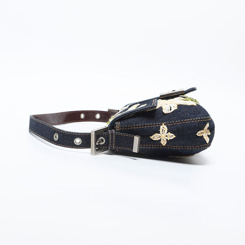 FENDI Flower Embroidery Denim Mamma Bucket Shoulder Bag Navy WS20006