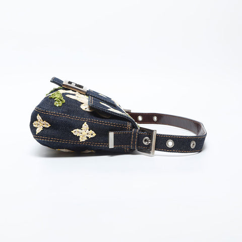 FENDI Flower Embroidery Denim Mamma Bucket Shoulder Bag Navy WS20006