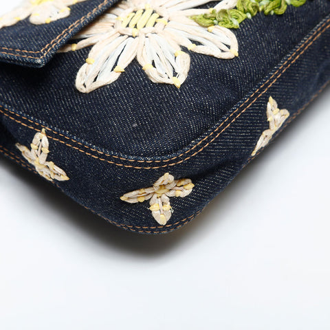FENDI Flower Embroidery Denim Mamma Bucket Shoulder Bag Navy WS20006