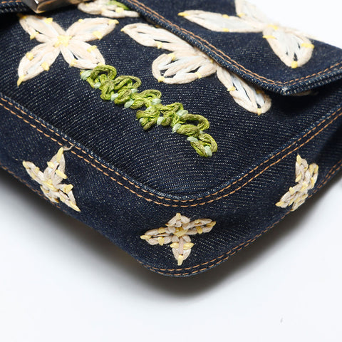 FENDI Flower Embroidery Denim Mamma Bucket Shoulder Bag Navy WS20006