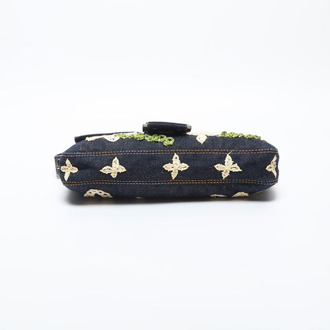 FENDI Flower Embroidery Denim Mamma Bucket Shoulder Bag Navy WS20006