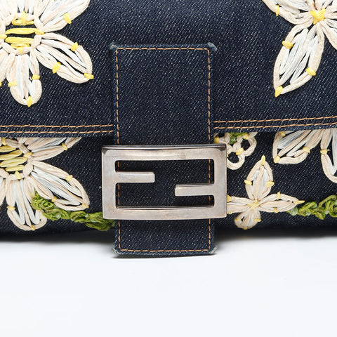 FENDI Flower Embroidery Denim Mamma Bucket Shoulder Bag Navy WS20006