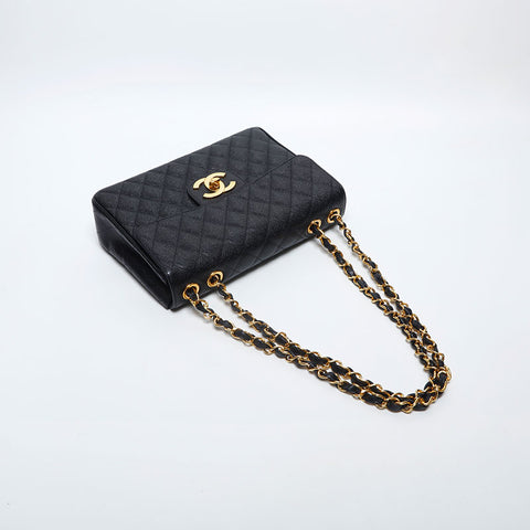 CHANEL 3rd Series 1994-1999 Caviar Skin Flap 11.8" Big Mato Lasse Shoulder Bag black WS20009
