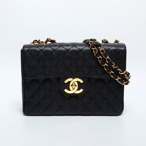CHANEL 3rd Series 1994-1999 Caviar Skin Flap 11.8" Big Mato Lasse Shoulder Bag black WS20009