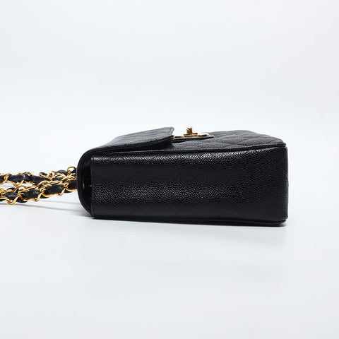 CHANEL 3rd Series 1994-1999 Caviar Skin Flap 11.8" Big Mato Lasse Shoulder Bag black WS20009