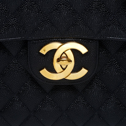CHANEL 3rd Series 1994-1999 Caviar Skin Flap 11.8" Big Mato Lasse Shoulder Bag black WS20009