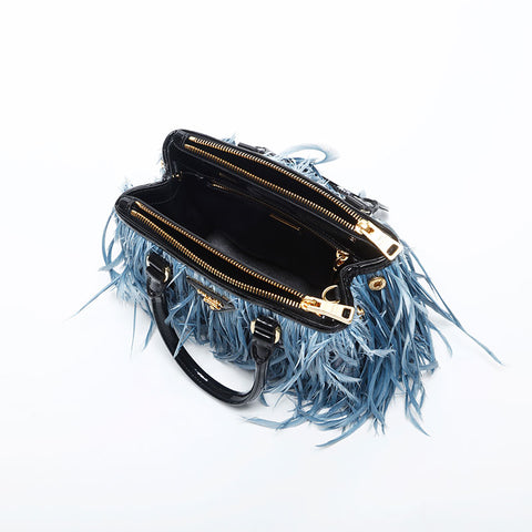 プラダ PRADA ガレリア スモール フリンジ 羽 ハンドバッグ ブルー WS20019