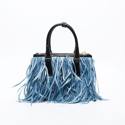 プラダ PRADA ガレリア スモール フリンジ 羽 ハンドバッグ ブルー WS20019