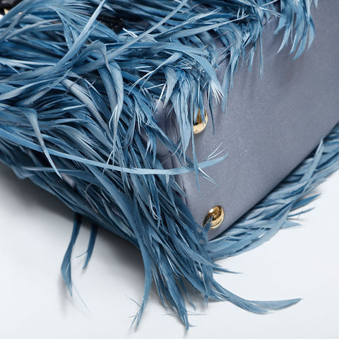 プラダ PRADA ガレリア スモール フリンジ 羽 ハンドバッグ ブルー WS20019