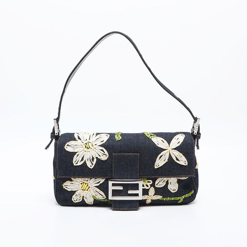 フェンディ FENDI デニム フラワー マンマバケット ショルダーバッグ ネイビー WS20031