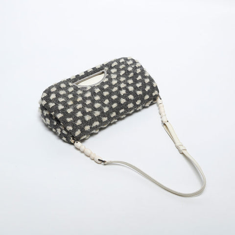 Christian Dior Malice Pearl Wool Cotton Shoulder Bag Black White WS20056