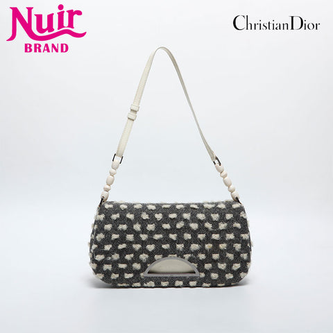 Christian Dior Malice Pearl Wool Cotton Shoulder Bag Black White WS20056