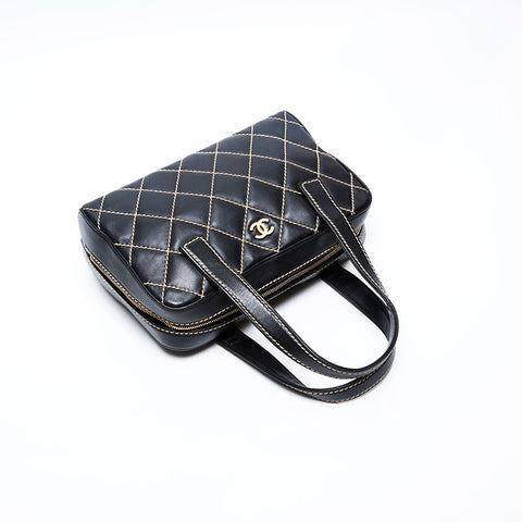 極美品 シャネル CHANEL 9番台 2004-2005 ボーリングバッグ ラムスキン ワイルド ステッチ ハンドバッグ  ブラック WS20112