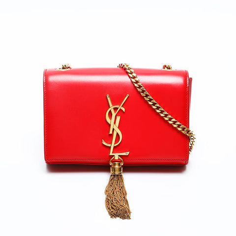 YVES SAINT LAURENT Kate Leather Fringe Chain Shoulder Bag Red WS20123
