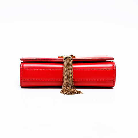YVES SAINT LAURENT Kate Leather Fringe Chain Shoulder Bag Red WS20123
