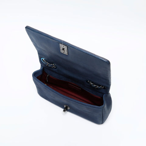 CHANEL 18th Leather Flap Gunmetal Chain 2013-2015 Shoulder Bag Navy WS20125