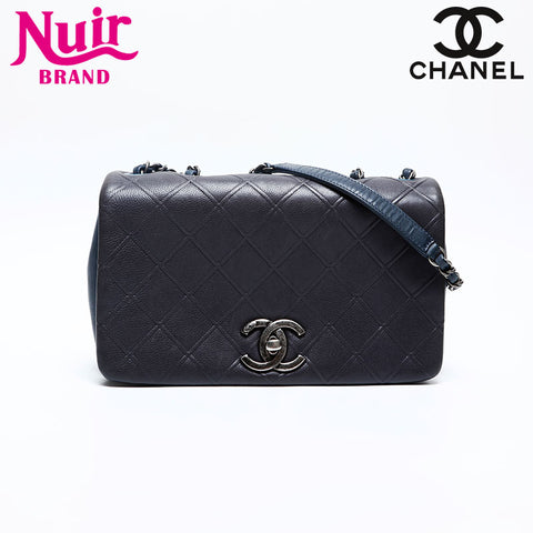 CHANEL 18th Leather Flap Gunmetal Chain 2013-2015 Shoulder Bag Navy WS20125
