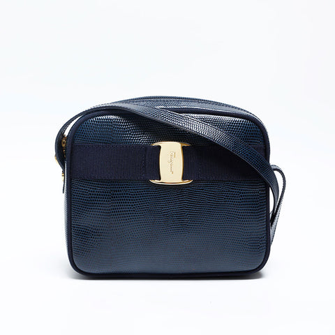 Salvatore Ferragamo Vara embossed leather Shoulder Bag Navy WS20155